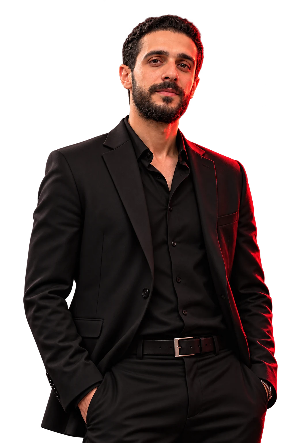 Mustapha Suliman in a black suit and black shirt